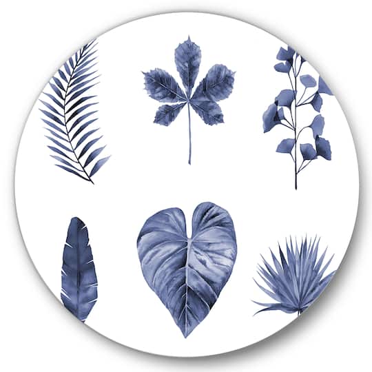Designart - Abstract Blue Set Of Plant Leaves - Traditional Metal Circle Wall Art